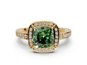 Halo Engagement Ring Setting for Fancy Green Cushion Cut Center with Framed Halo, Pave Band and Prong Head in Yellow Gold