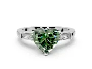 3 Stone Engagement Ring Setting for Fancy Green Heart-Shaped Center with Tapered Baguettes, Plain Band and Prong Head in White Gold