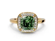 Halo Engagement Ring Setting for Fancy Green Cushion Cut Center with Plain Tapered Band and Prong Head in Yellow Gold
