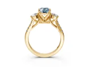 3 Stone Engagement Ring Setting for Fancy Blue Oval Center with Crossover Basket, Pave Band and Prong Head in Yellow Gold