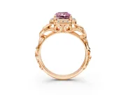 Halo Engagement Ring Setting for Fancy Pink Radiant Cut Center with Open Scroll Shoulders and Prong Head in Rose Gold