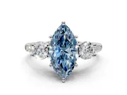 3 Stone Engagement Ring Setting for Fancy Blue Marquise Center with Crossover Basket, Pave Band and Prong Head in Platinum