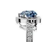 Bezel-Framed Halo Engagement Ring Setting for Fancy Blue Heart-Shaped Center with Pave Band and Prong Head in White Gold