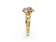 Halo Engagement Ring Setting for Fancy Pink Heart-Shaped Center with Open Scroll Shoulders and Prong Head in Yellow Gold