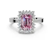 Starburst Halo Engagement Ring Setting for Fancy Pink Emerald Cut Center with Flat Cathedral Band and Prong Head in White Gold