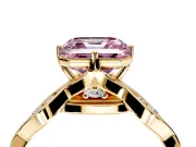 Solitaire Engagement Ring Setting for Fancy Pink Asscher Cut Center with Accented Twist Band and Leaf Prong Head in Yellow Gold