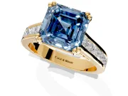 Solitaire Engagement Ring Setting for Fancy Blue Asscher Cut Center with Channel Band and Double Claw Prong Head in Yellow Gold