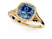 Solitaire Engagement Ring Setting for Fancy Blue Cushion Cut Center with V Split Shank and Bezel Head in Yellow Gold