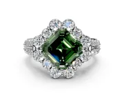 Large Accent Halo Engagement Ring Setting for Fancy Green Asscher Cut Center with Pave Split Shank and Prong Head in Platinum