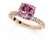 Open Basket Engagement Ring Setting for Fancy Pink Cushion Cut Center with Pave Band and Prong Head in Rose Gold