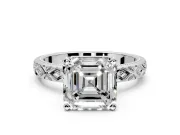 Solitaire Engagement Ring Setting for Asscher Cut Center with Milgrain X Pattern Band and Prong Head in Platinum