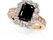Halo Engagement Ring Setting for Fancy Black Emerald Cut Center with Milgrain Channel Band and Prong Head in Rose Gold