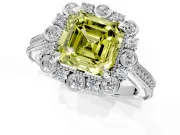 Milgrain Halo Engagement Ring Setting for Fancy Yellow Asscher Cut Center with Bezel Point Accents and Prong Head in Platinum