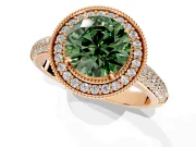 Milgrain Halo Engagement Ring Setting for Fancy Green Round Cut Center with Three-Sided Pave Band and Prong Head in Rose Gold
