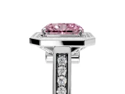 Halo Engagement Ring Setting for Fancy Pink Radiant Cut Center with Outer Bezel Rim, Pave Band and Prong Head in Sterling Silver