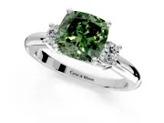 3 Stone Engagement Ring Setting for Fancy Green Cushion Cut Center with Wide Plain Band and Prong Head in White Gold