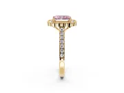 Milgrain Floral Halo Engagement Ring Setting for Fancy Pink Radiant Cut Center with Pave Band and Prong Head in Yellow Gold