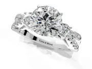 3 Stone Engagement Ring Setting for Round Cut Center with Pave Split Shank and Prong Head in White Gold
