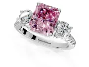 3 Stone Engagement Ring Setting for Fancy Pink Radiant Cut Center with Crossover Basket, Pave Band and Prong Head in Platinum