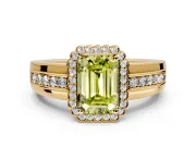 Halo Engagement Ring Setting for Fancy Yellow Emerald Cut Center with Wide Band, Inlaid Accent Row and Prong Head in Yellow Gold