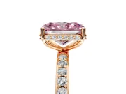 Hidden Halo Engagement Ring Setting for Fancy Pink Radiant Cut Center with Pave Band and Prong Head in Rose Gold