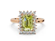Starburst Halo Engagement Ring Setting for Fancy Yellow Emerald Cut Center with Thin Round-Wire Band and Prong Head in Rose Gold