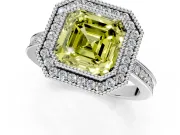 Halo Engagement Ring Setting for Fancy Yellow Asscher Cut Center with Milgrain Halo, Pave Band and Prong Head in Platinum