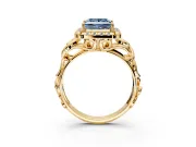 Halo Engagement Ring Setting for Fancy Blue Princess Cut Center with Open Scroll Shoulders and Prong Head in Yellow Gold