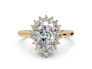Starburst Halo Engagement Ring Setting for Pear-Shaped Center with Thin Round-Wire Band and Prong Head in Yellow Gold
