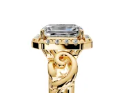 Halo Engagement Ring Setting for Emerald Cut Center with Open Scroll Shoulders and Prong Head in Yellow Gold