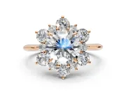 Small-Accent Cluster Halo Engagement Ring Setting for Round Cut Center with Plain Band and Prong Head in Rose Gold