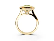 Halo Engagement Ring Setting for Fancy Yellow Asscher Cut Center with Milgrain Frame, Pave Band and Prong Head in Yellow Gold