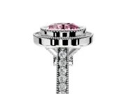 Halo Engagement Ring Setting for Fancy Pink Round Cut Center with Milgrain Frame, Pave Band and Prong Head in Sterling Silver