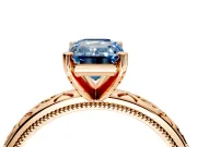 Solitaire Engagement Ring Setting for Fancy Blue Emerald Cut Center with Scrollwork Band and Prong Head in Rose Gold