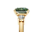 3 Stone Engagement Ring Setting for Fancy Green Radiant Cut Center with Wide Plain Band and Prong Head in Yellow Gold
