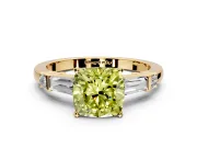 Bar-Set Engagement Ring Setting for Fancy Yellow Cushion Cut Center with Tapered Baguette Accents and Prong Head in Yellow Gold