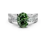 3 Stone Engagement Ring Setting for Fancy Green Oval Center with Pave Twist Band and Prong Head in Platinum