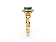 Halo Engagement Ring Setting for Fancy Green Princess Cut Center with Open Scroll Shoulders and Prong Head in Yellow Gold