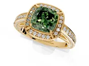 Halo Engagement Ring Setting for Fancy Green Cushion Cut Center with Framed Halo, Pave Band and Prong Head in Yellow Gold