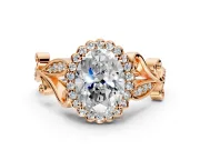 Halo Engagement Ring Setting for Oval Center with Leaf Motif Split Shank and Prong Head in Rose Gold