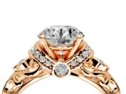 Solitaire Engagement Ring Setting for Round Cut Center with Filigree Band and Prong Head in Rose Gold
