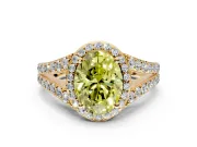 Halo Engagement Ring Setting for Fancy Yellow Oval Center with Narrow Pave Split Shank and Prong Head in Yellow Gold