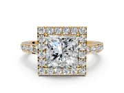 Halo Engagement Ring Setting for Princess Cut Center with Heart-Shaped Openwork, Pave Band and Prong Head in Yellow Gold