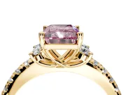 Paired Accent Engagement Ring Setting for Fancy Pink Radiant Cut Center with Pave Band and Prong Head in Yellow Gold