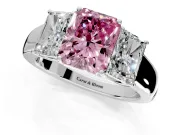 3 Stone Engagement Ring Setting for Fancy Pink Radiant Cut Center with Raised Basket Heads and Prong Head in White Gold