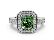 Milgrain Halo Engagement Ring Setting for Fancy Green Radiant Cut Center with Pave Band and Prong Head in White Gold