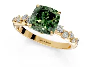 Cluster Engagement Ring Setting for Fancy Green Cushion Cut Center with Round Cut Accent Band and Prong Head in Yellow Gold