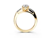 3 Stone Engagement Ring Setting for Oval Center with Tapered Baguettes, Plain Band and Prong Head in Yellow Gold