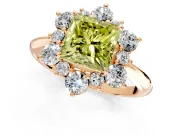 Small-Accent Cluster Halo Engagement Ring Setting for Fancy Yellow Princess Cut Center with Plain Band and Prong Head in Rose Gold
