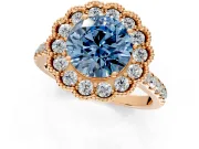 Milgrain Floral Halo Engagement Ring Setting for Fancy Blue Round Cut Center with Pave Band and Prong Head in Rose Gold